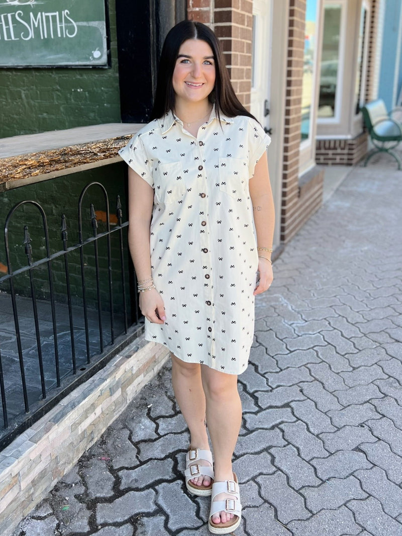 Folded Cuff Button Down Bow Print Dress