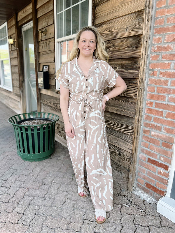 Tan Abstract Print Jumpsuit