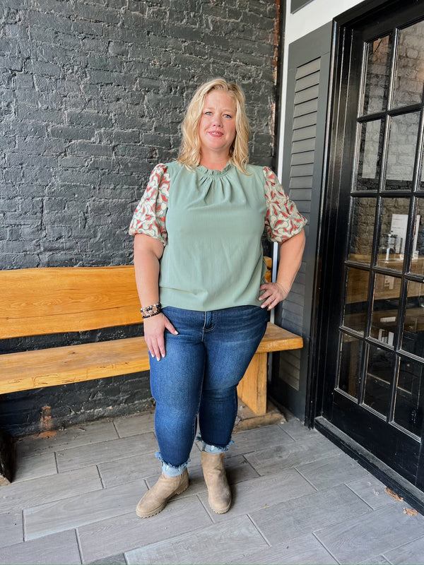 Curvy Olive Ruffle Neck Embroidered Puff Sleeve Top