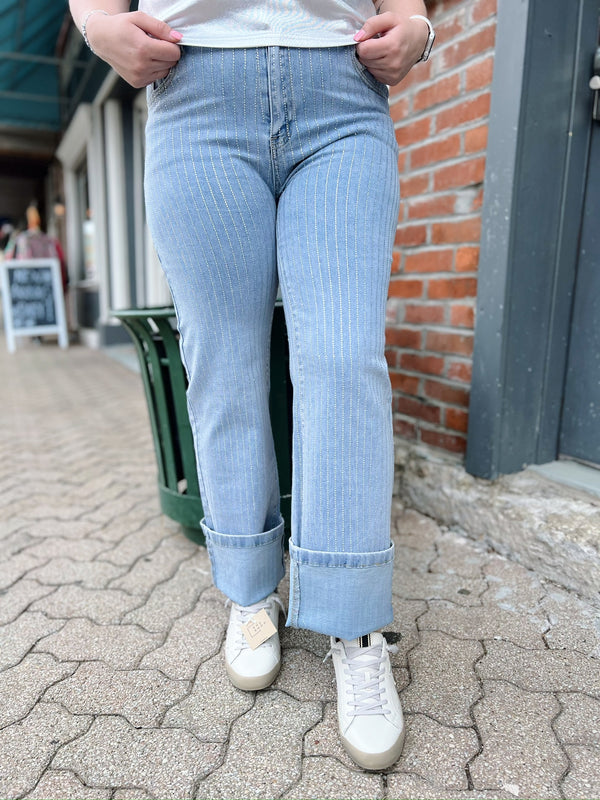 Rhinestone Striped Wide Leg Jeans