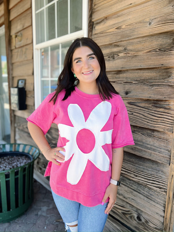 Hot Pink Daisy Outstitched Shirt