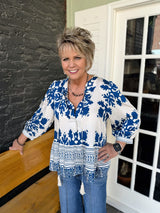 Blue 3/4 Puff Sleeves Boho Style Top