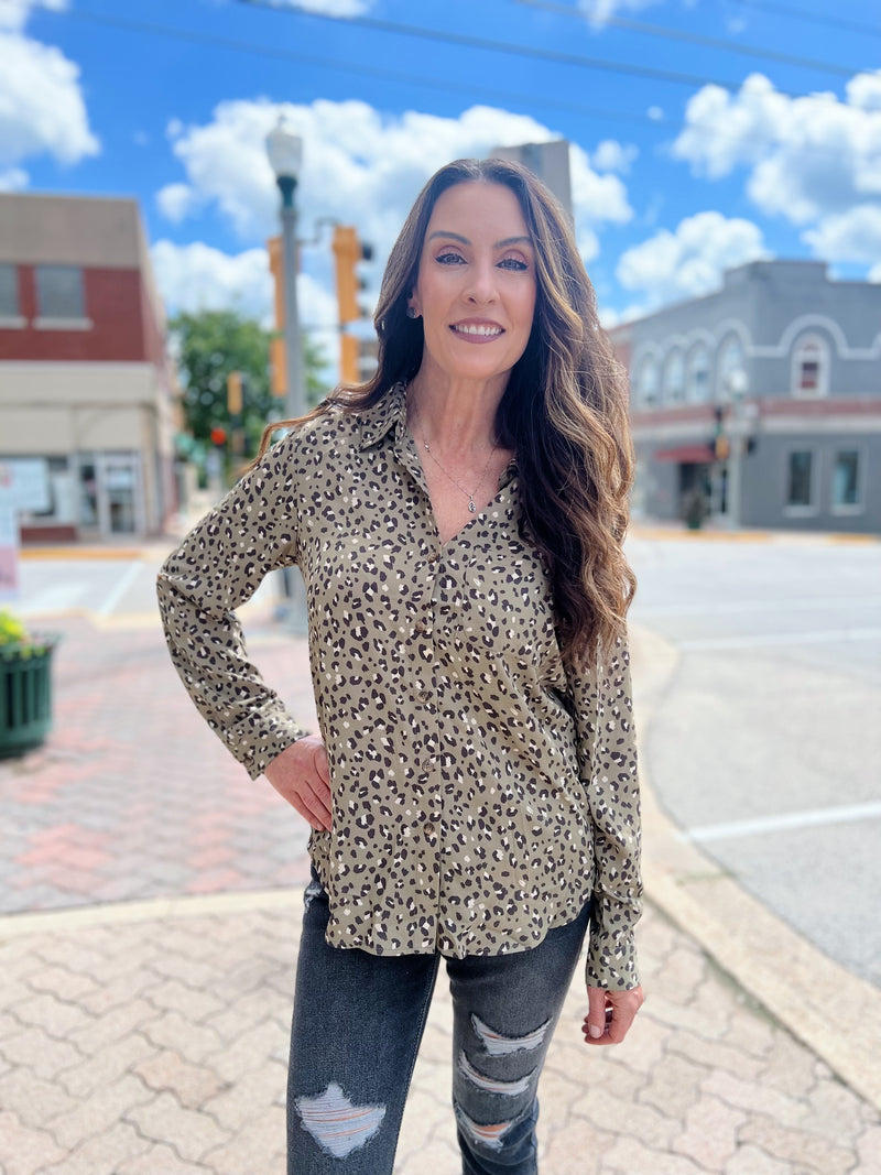 Olive Animal Print Button Up Top