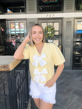 Yellow Short Puff Sleeve Bow Sweater Top
