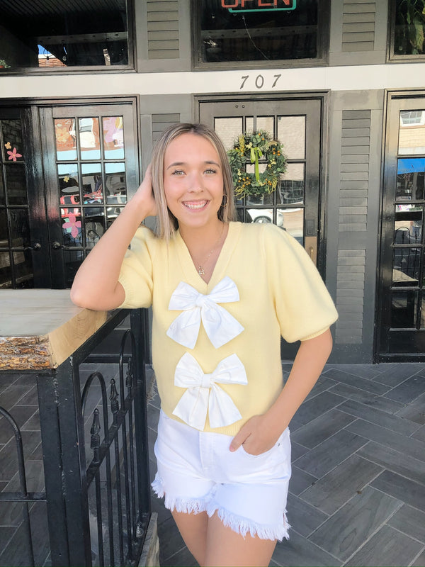 Yellow Short Puff Sleeve Bow Sweater Top