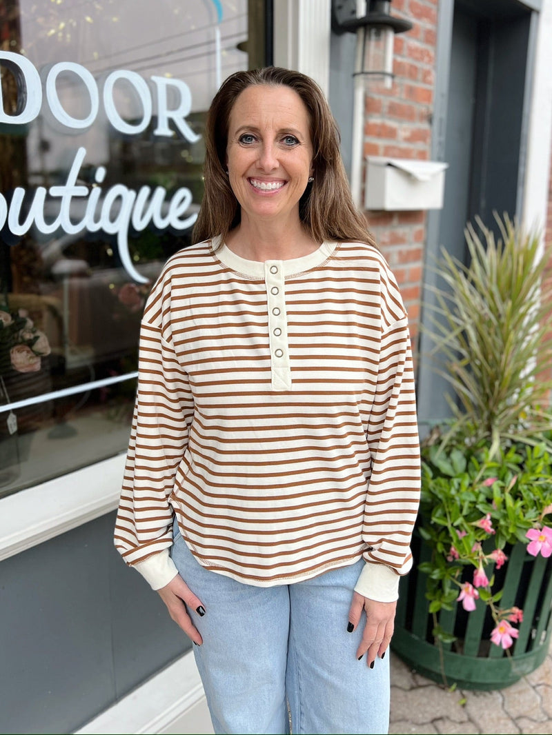 Stripe Henley Snap Button Long Sleeve Top