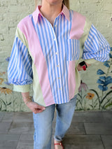 Blue Stripe Mix Button Front Top