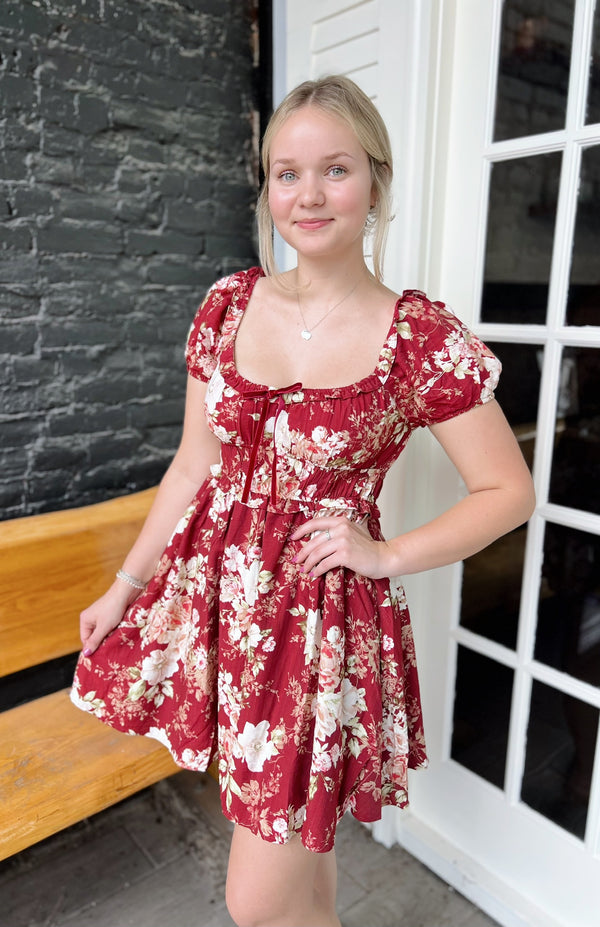 Floral Ruffle Trim Velvet Front Tie Mini Dress