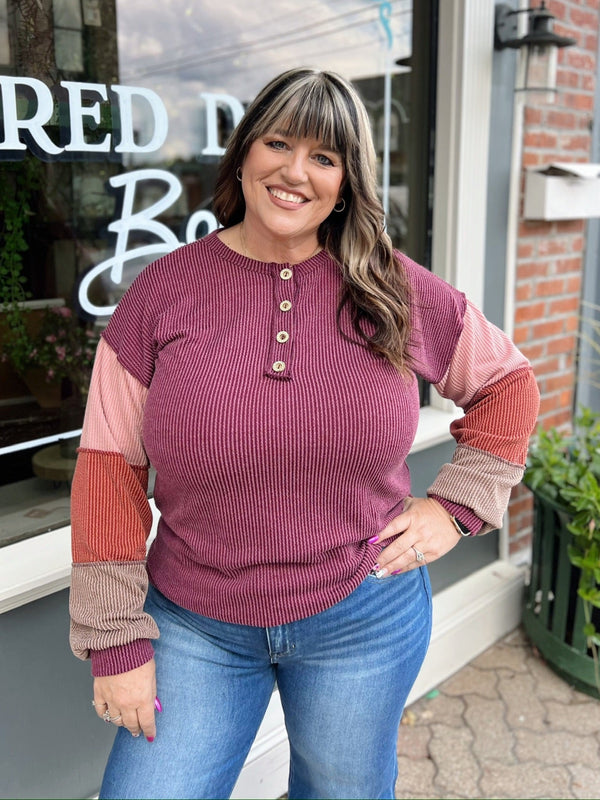 Curvy Burgundy Colorblock Long Sleeve Top