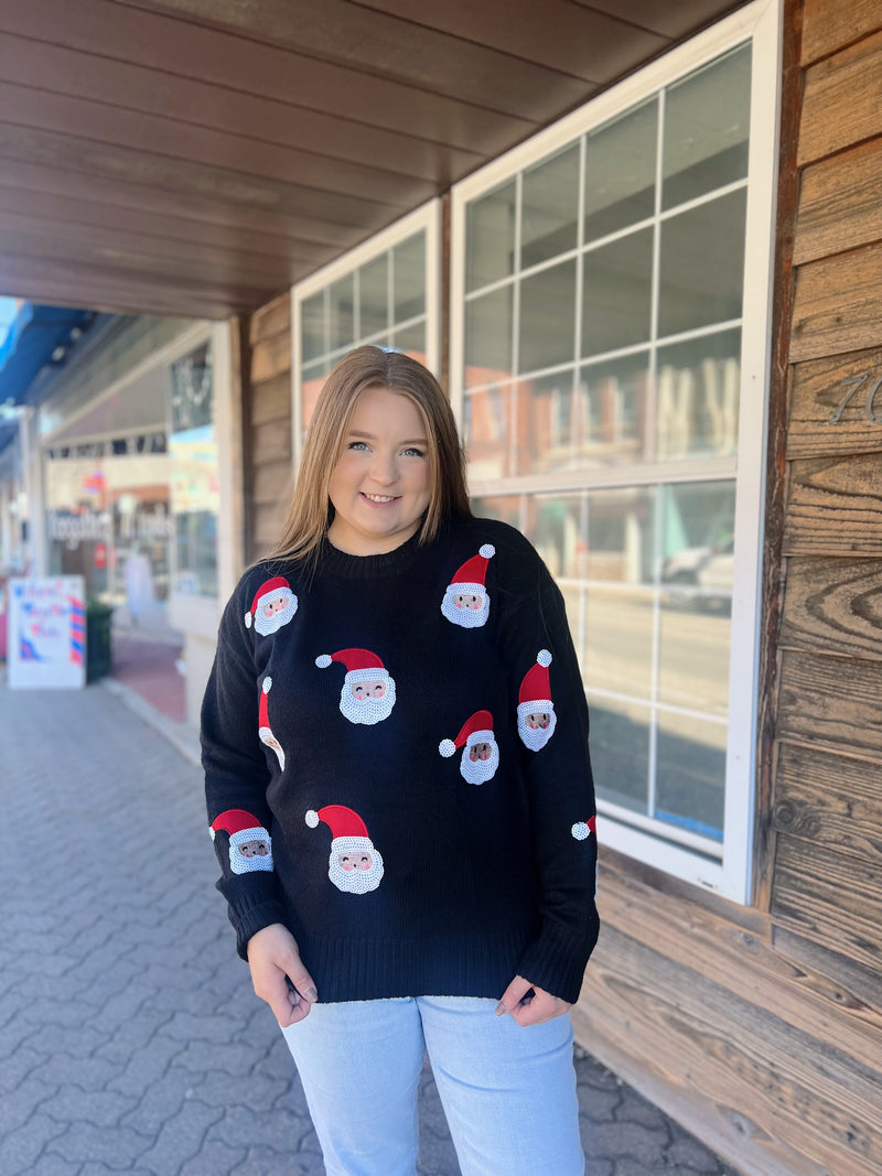 Black Sweater with Sequin Santa Face