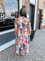 Curvy Multi Color Foliage Design Ruffle Sleeve Midi Dress
