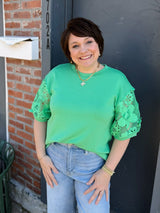 Green Lace Short Sleeve Top