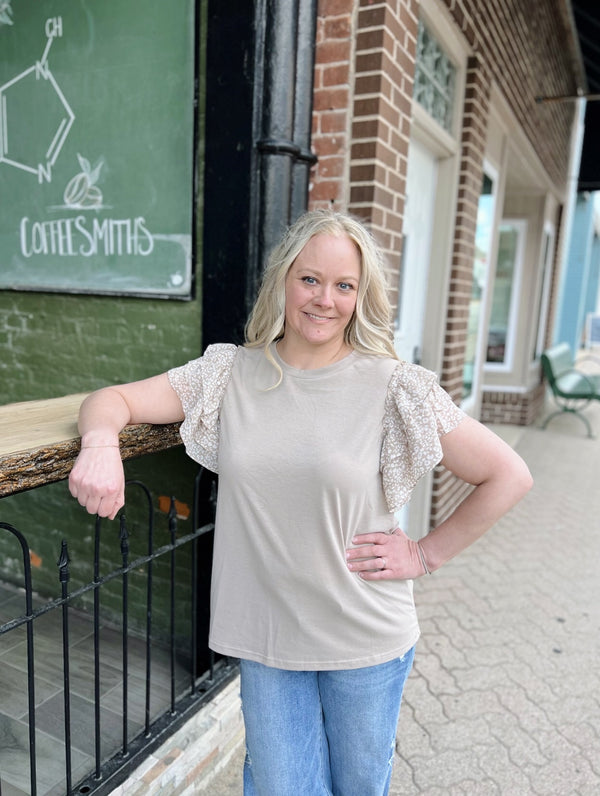 Taupe with Leopard Ruffle Sleeves Top