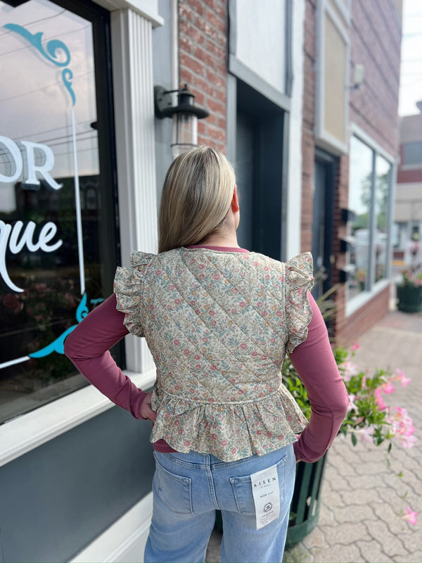 Beige Multi Floral Woven Print Ruffled Quilted Vest