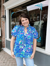 Blue Multi Color Floral Print Flutter Sleeve Top
