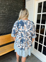 Curvy Blue Mixed Print Dress
