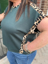 Dark Green Short Sleeve Knit W/ Leopard Contrast
