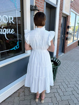 White Textured Belted Midi Dress