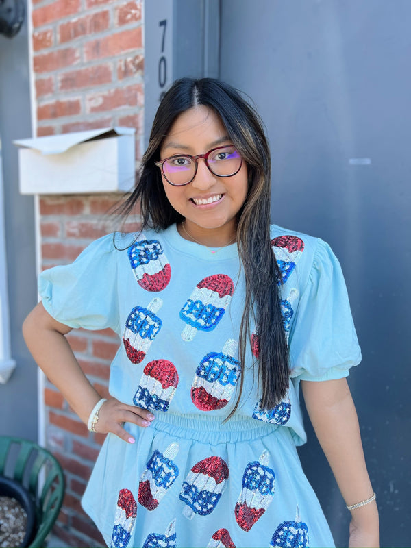 Blue USA Sequin Popsicle Crewneck Top