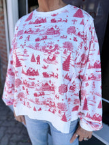 Ivory and Red Christmas Toile Printed Sweatshirt