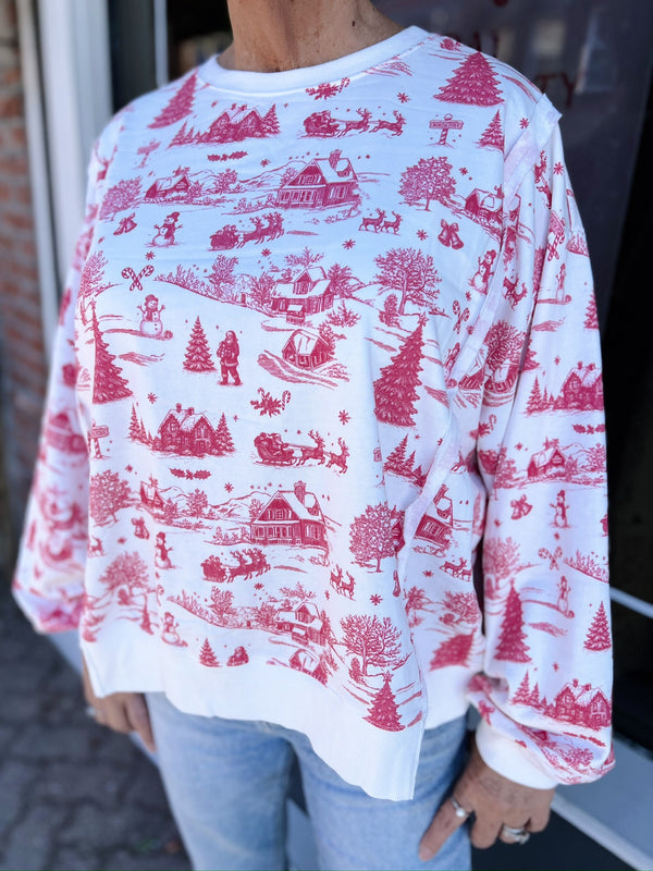 Ivory and Red Christmas Toile Printed Sweatshirt