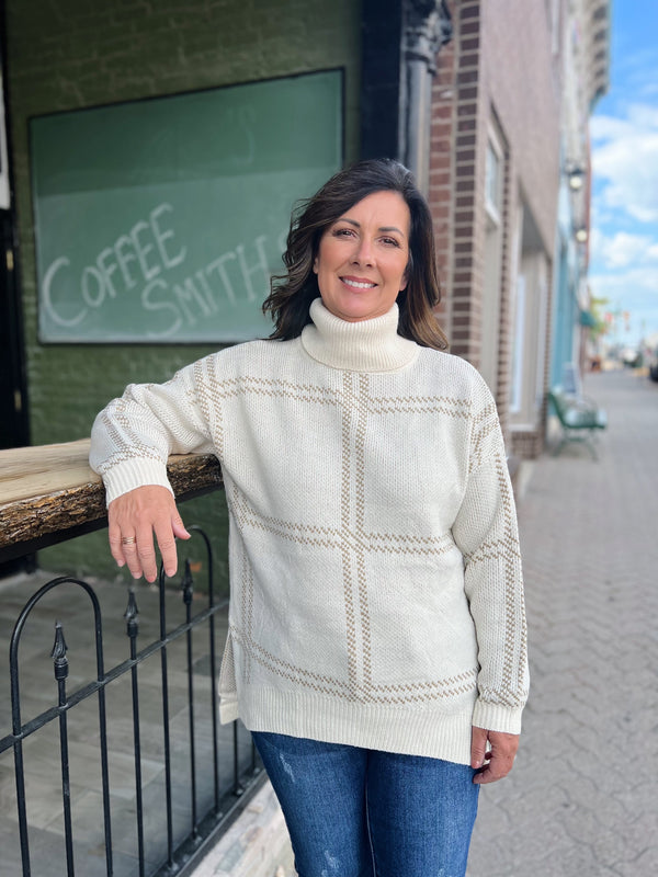 Cream Big Plaid Turtleneck Sweater