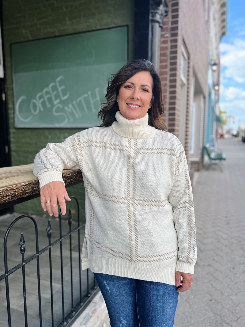 Cream Big Plaid Turtleneck Sweater