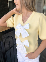 Yellow Short Puff Sleeve Bow Sweater Top
