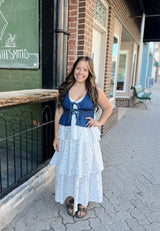 Blue & White Floral Corset Ruffle Tiered Dress