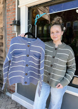 High Neck Double Pocket Texture Stripe Cardigan