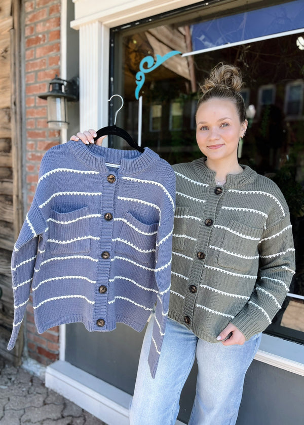 High Neck Double Pocket Texture Stripe Cardigan