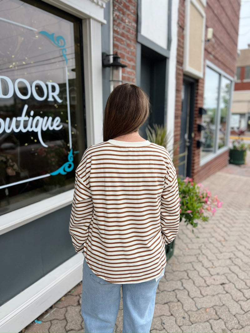 Stripe Henley Snap Button Long Sleeve Top