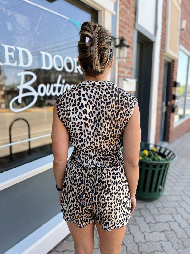 Leopard Cap Sleeve Front Zip with Pockets Romper