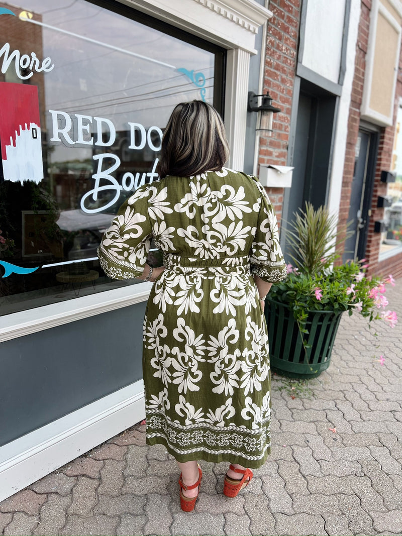 Curvy Olive 3/4 Sleeve Elastic Waist Dress