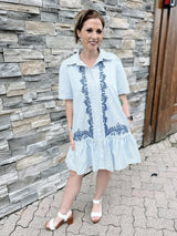 Short Sleeve Embroidered Blue Striped Dress