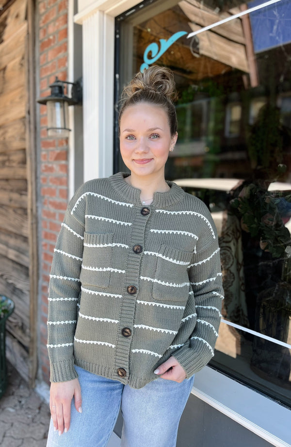 High Neck Double Pocket Texture Stripe Cardigan