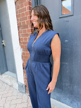 Navy Blue Romper with Zipper & Scrunch Waist