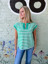 Green and White Stripe Y Split Neck Top