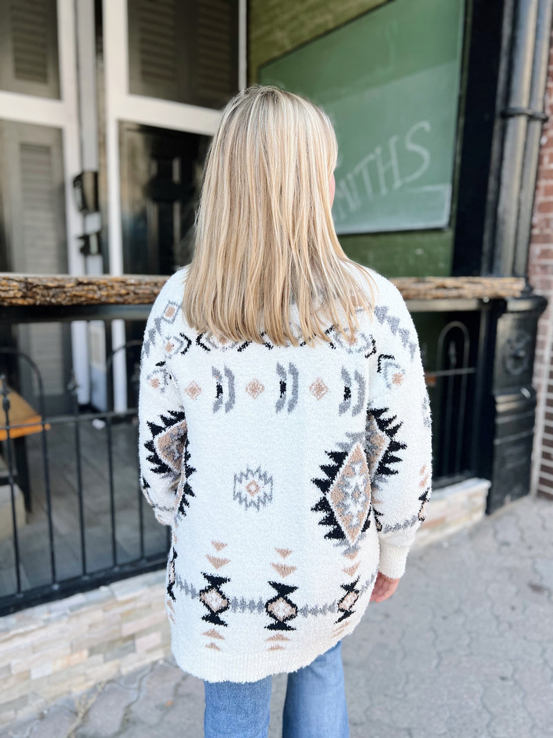 White Mix Aztec Print Cardigan