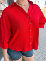 Red Pleat Back Detail Button Front Top