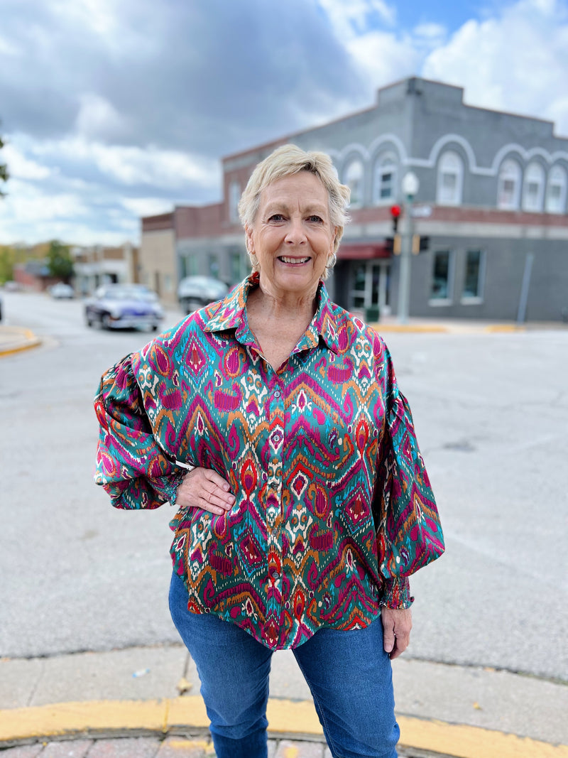 Hunter Green Silky Button Up With Mixed Print