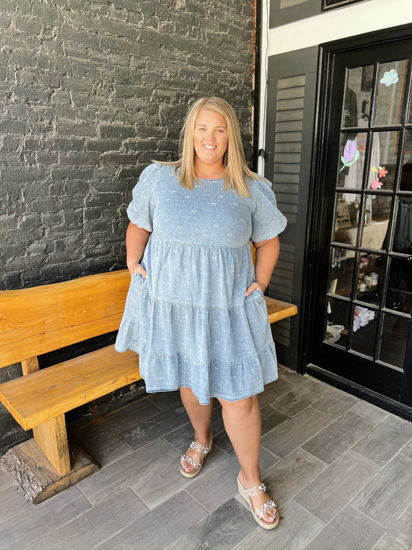 Curvy Denim Blue Bow Print Dress with Balloon Sleeves
