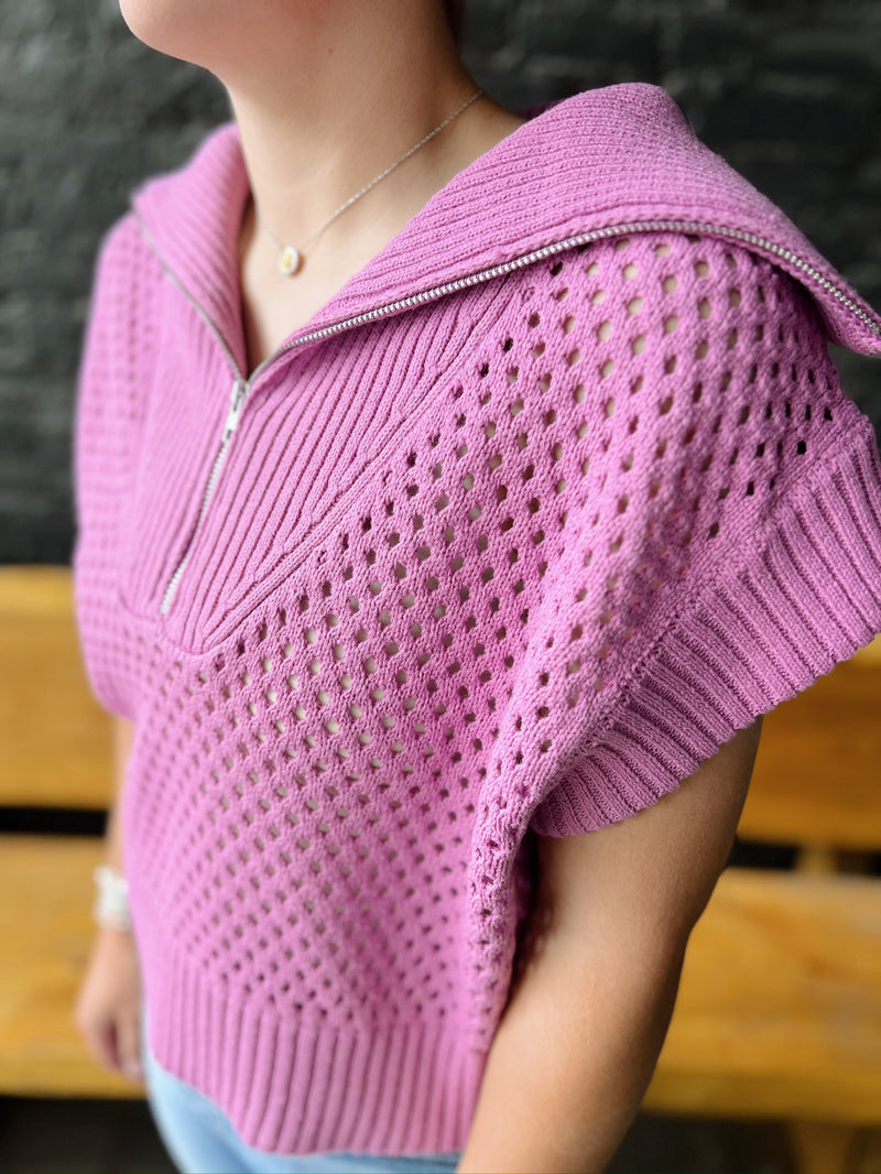 Collared Drop Shoulder Half Zip Sweater Top