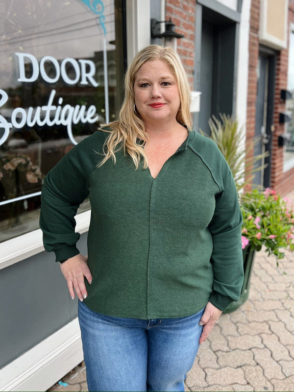 Curvy Hunter Green Exposed Seam Long Sleeve Knit Top