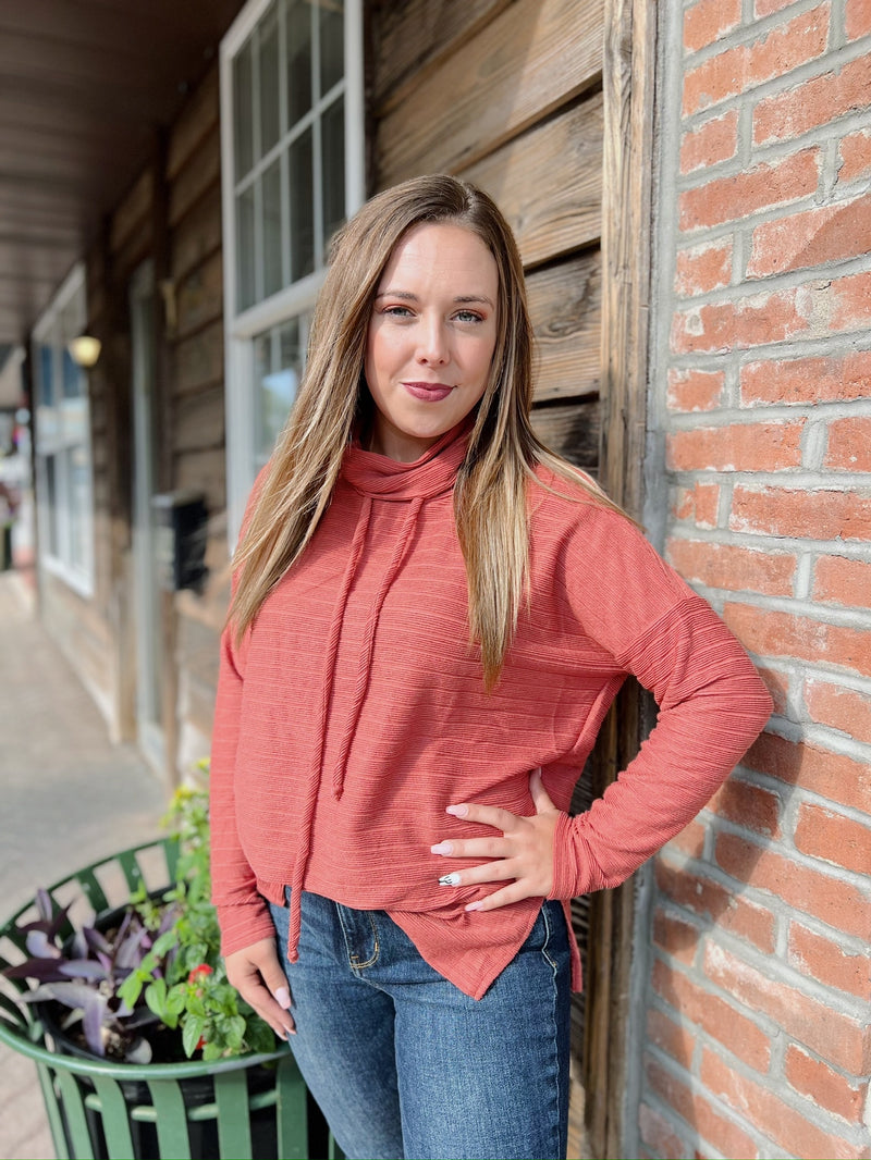 Rust Textured Cowl Neck Top