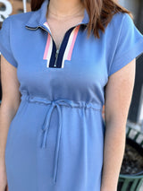 Blue Front Zip Drawstring Waist Dress