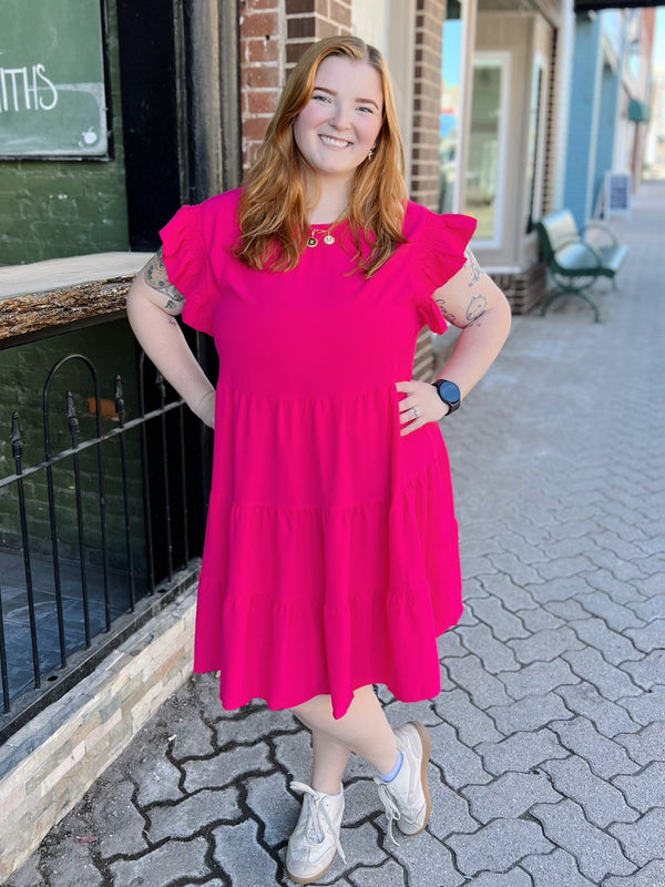 Curvy Cherry Pink Ruffled Smocked Sleeve Tiered Woven Dress