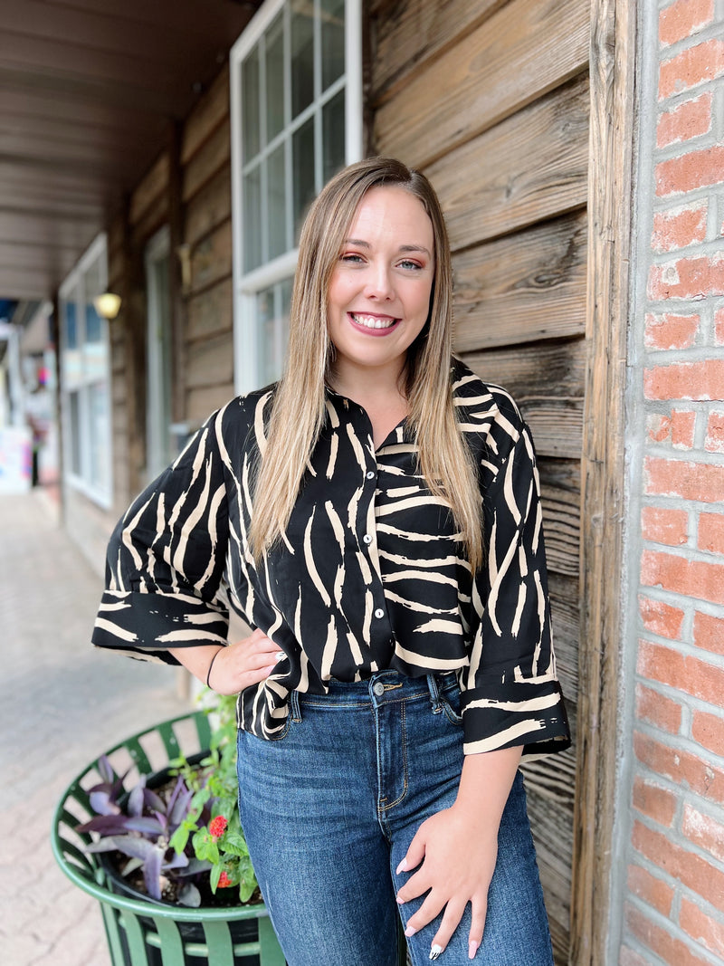 Black Abstract Button Down Top