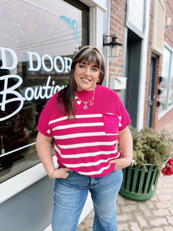Curvy Pink Drop Shoulder Short Sleeve Striped Sweater Top