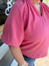 Curvy Peony Bubble Sleeve Seersucker Top